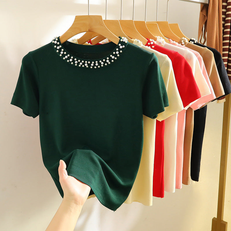 Beaded Ice Silk Knit T-shirt voor dames